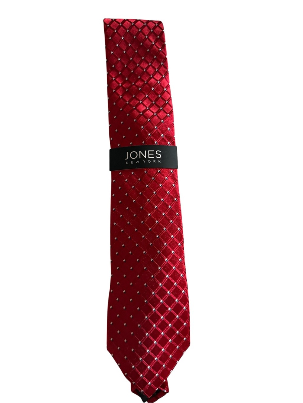 Jones New York Red Silk Tie with Silver Diamond Grid
